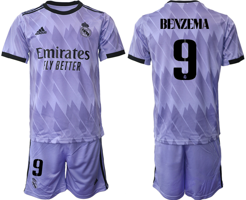 Men's Real Madrid #9 Karim Benzema 22/23 Purple Away Soccer Jersey Suit